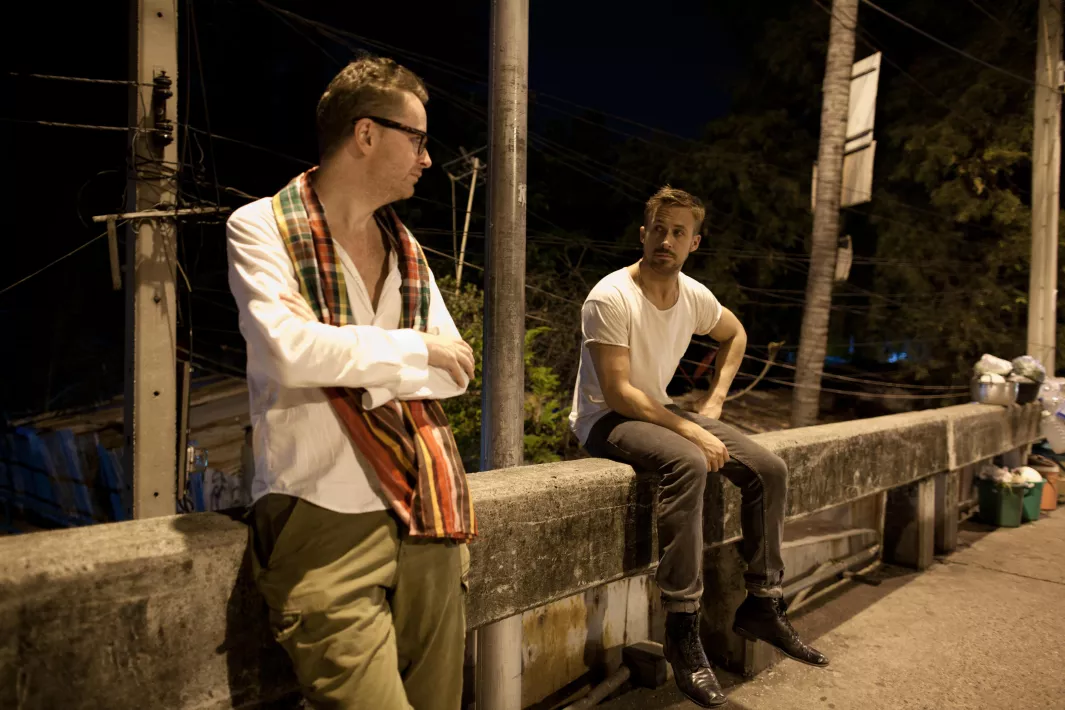 ONLY GOD FORGIVES - Still of Nicolas Winding Refn and Ryan Gosling
